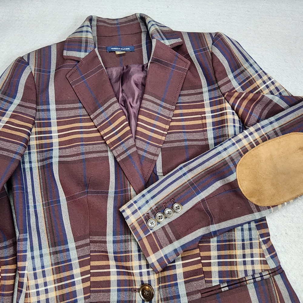 Tommy Hilfiger Blazer Burgundy Plaid Elbow Patches Womens Size 0